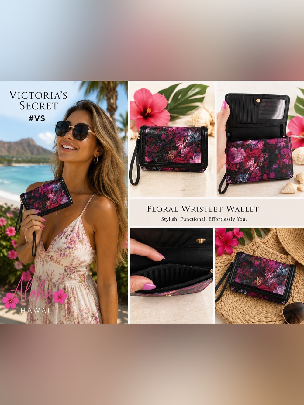 Victoria's Secret Floral Foldover Wallet - Pink/Black